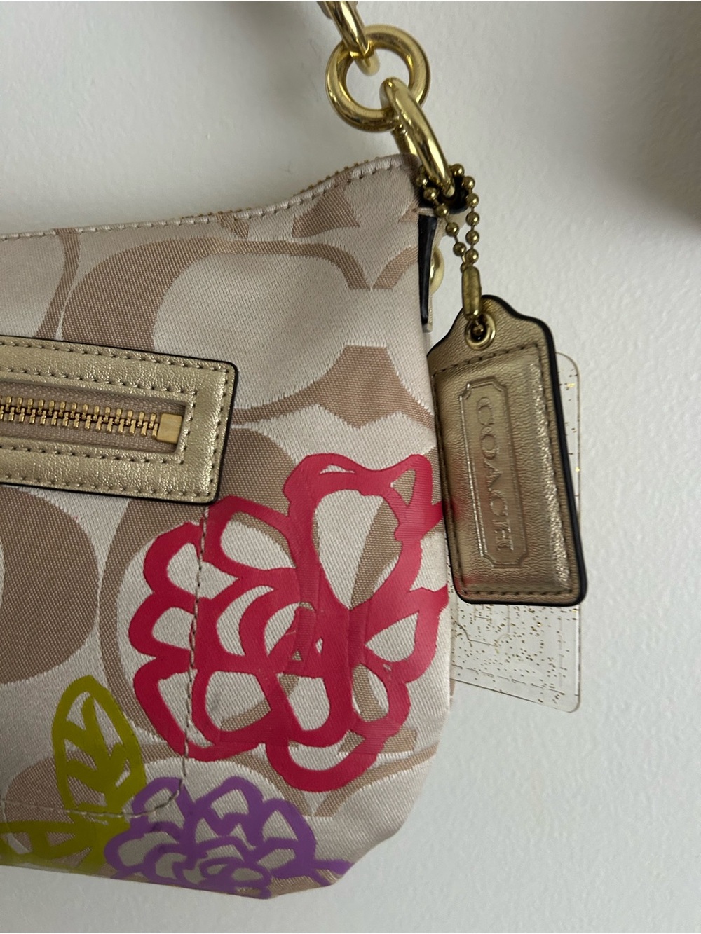 Coach Beige Signature Shoulder Bag with Pink Purple Green Floral Accents - Picture 7 of 16